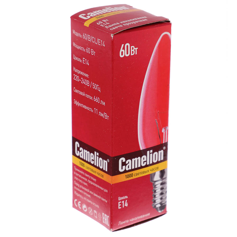 Лампа накаливания с прозрачной колбой MIC Camelion, 60/B/CL/E14, свеча, арт.№ 913-003