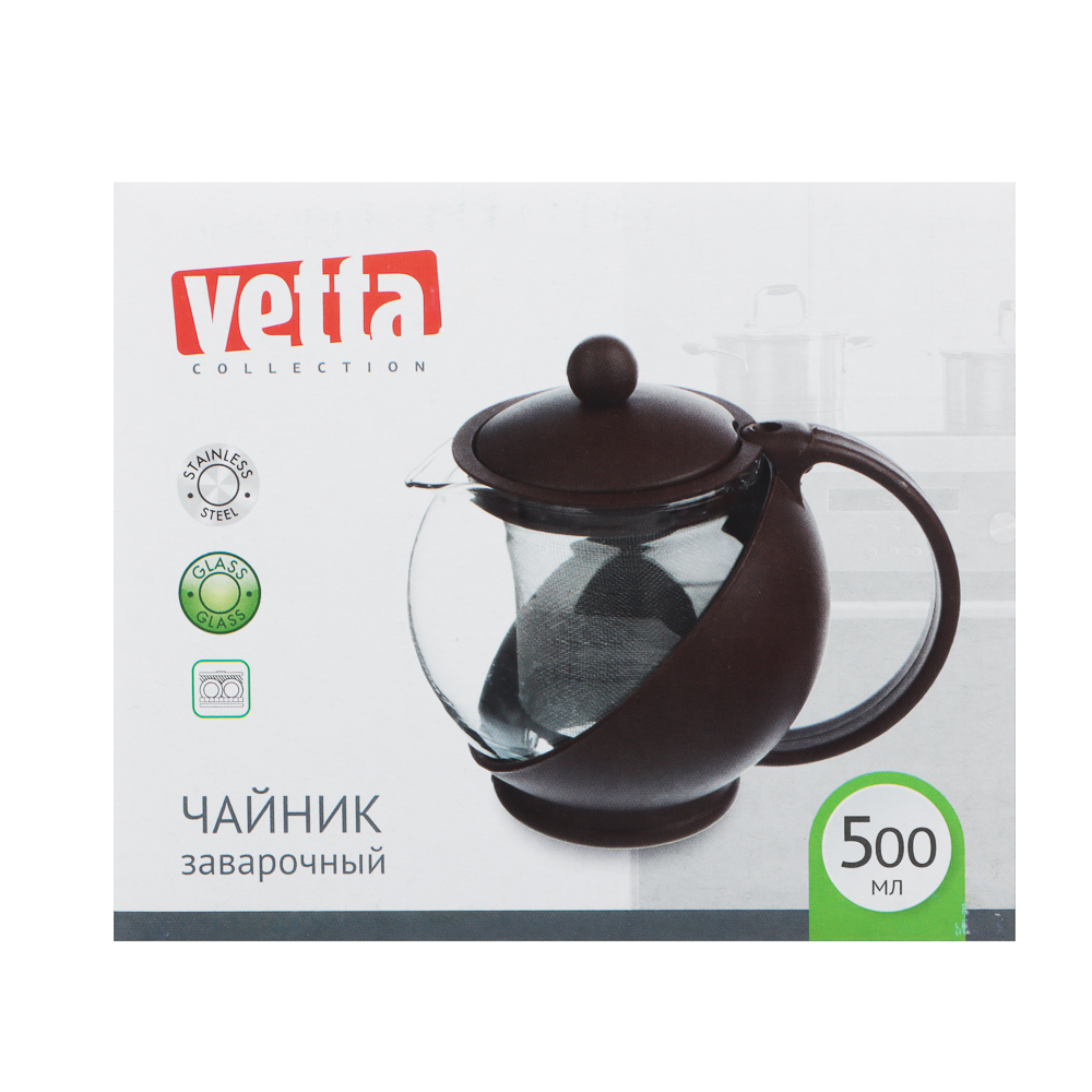 VETTA Чайник заварочный 500мл, ситечко из нержавеющей стали, стекло, полипропилен, арт.№ 850-156