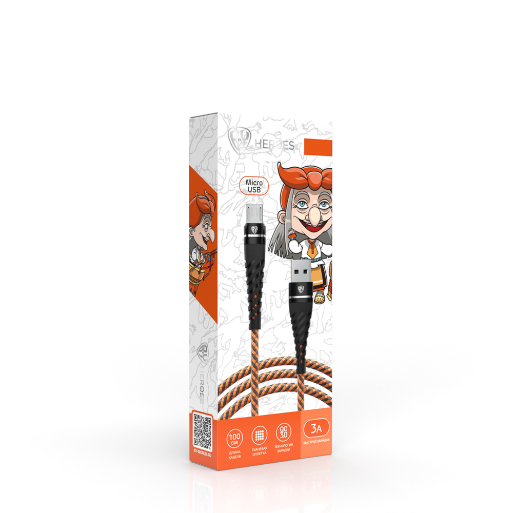 Кабель для зарядки USB(A)-microUSB BY Герои, 1м., 2.4А, быстр зар QC3.0, ткан оплётка, Баба Яга, арт.№ 931-396