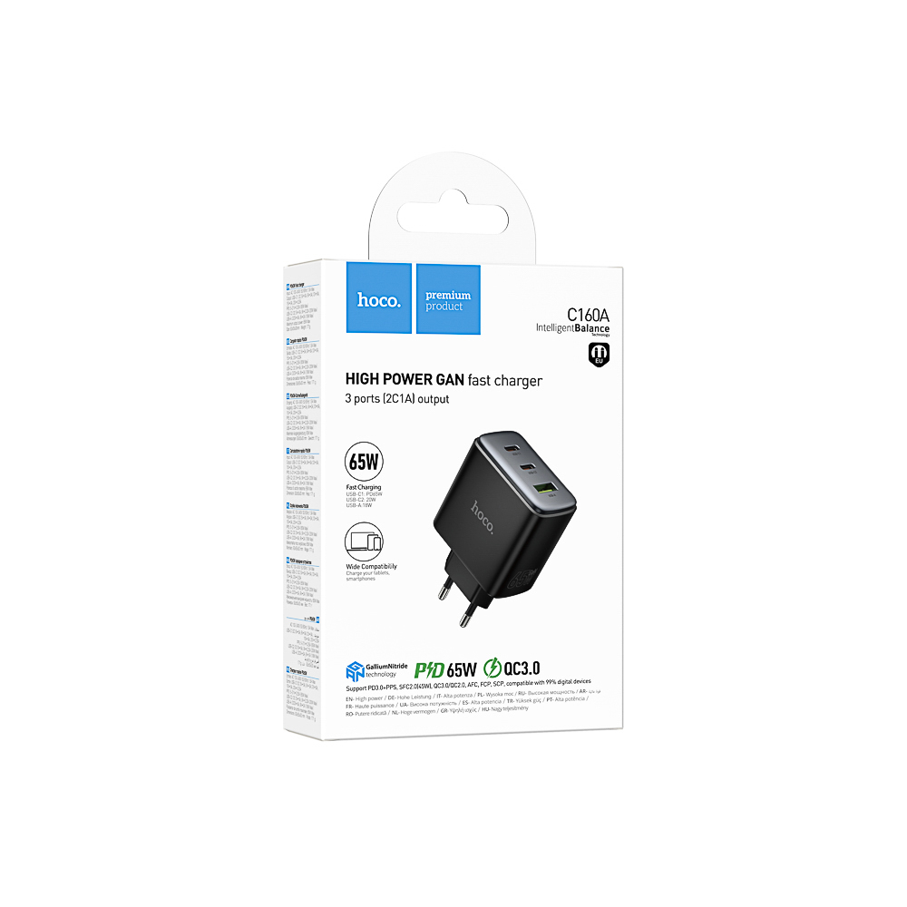 Сетевое зарядное устройство hoco. модель C160A, PD 65Вт, 2xType-C + USB-A, EU вилка, арт.№ 916-342