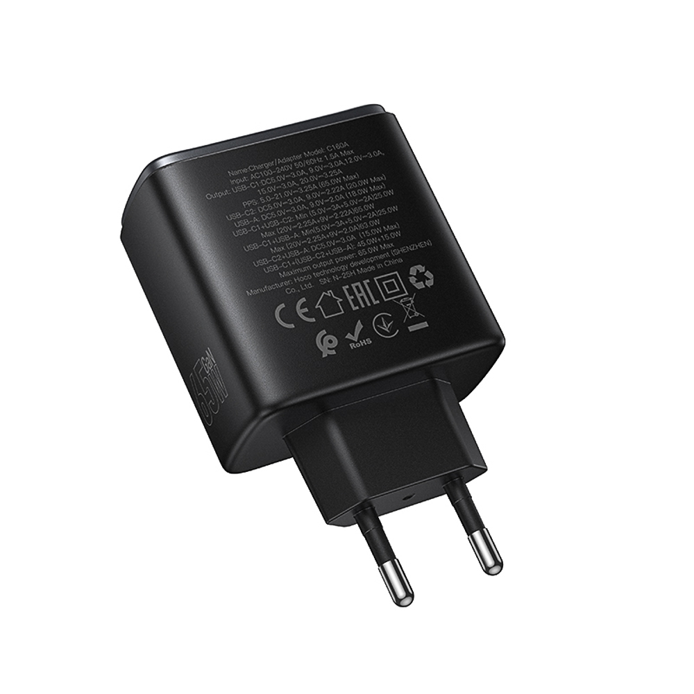 Сетевое зарядное устройство hoco. модель C160A, PD 65Вт, 2xType-C + USB-A, EU вилка, арт.№ 916-342