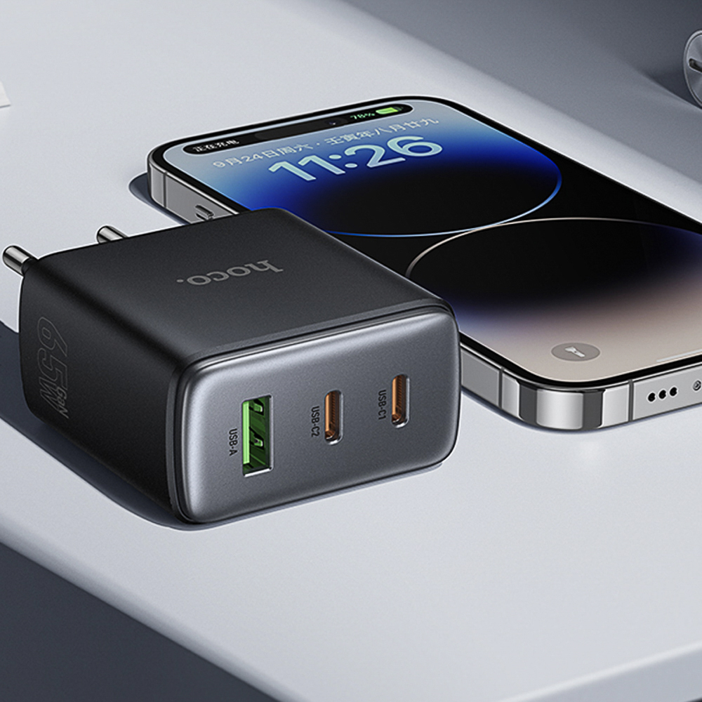Сетевое зарядное устройство hoco. модель C160A, PD 65Вт, 2xType-C + USB-A, EU вилка, арт.№ 916-342