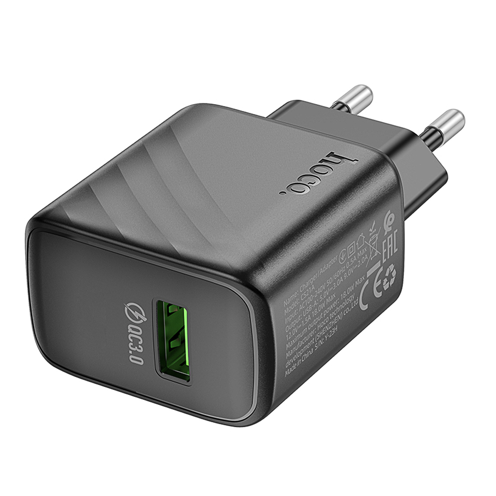 Сетевое зарядное устройство hoco. модель CS21A, QC3.0, 1xUSB-A, EU вилка, арт.№ 916-343