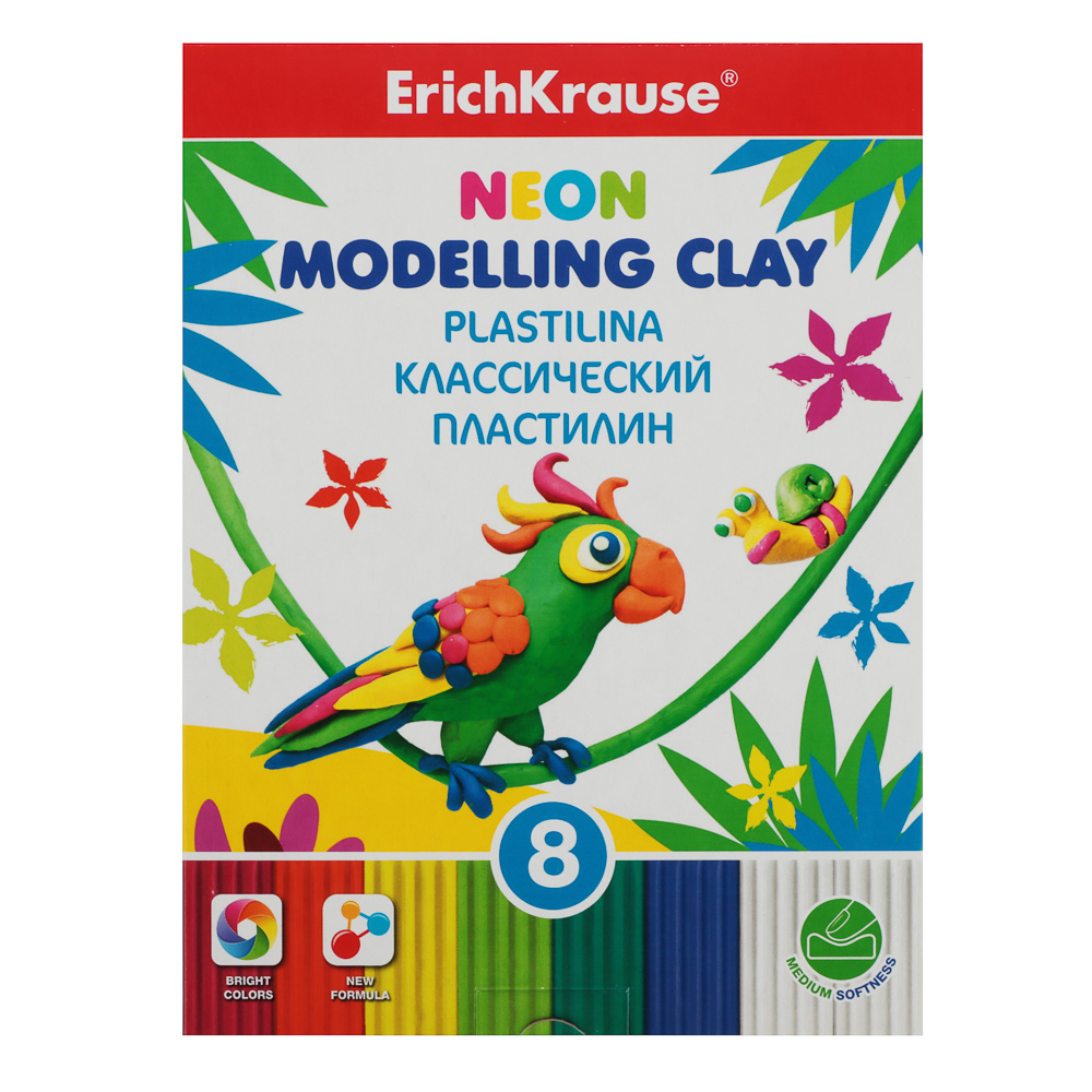 Erich Krause Пластилин 8шт., 144г., 6 ярких цветов + 2 белых, со стеком, "Неон", 53405, арт.№ 239-094