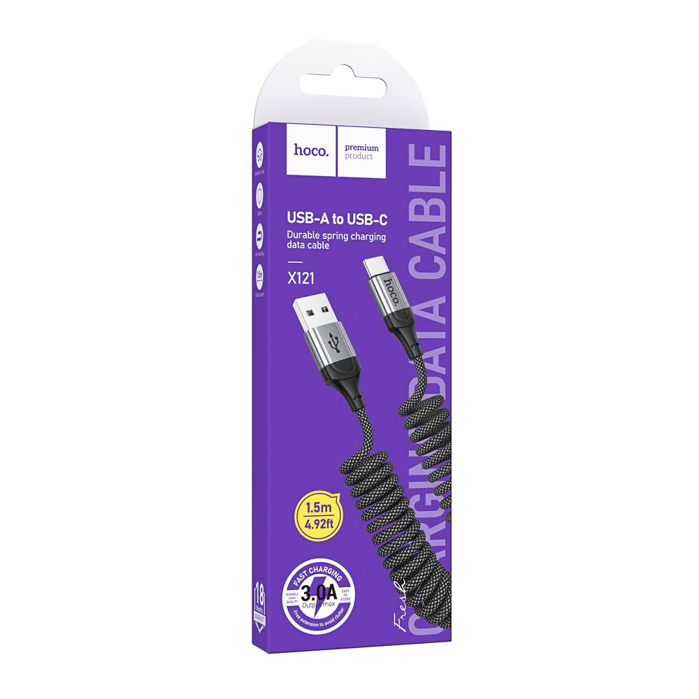 Кабель для зарядки USB(A)-Type C hoco. модель X121 Nuevo, 1 м, пружинный, черный, арт.№ 931-568