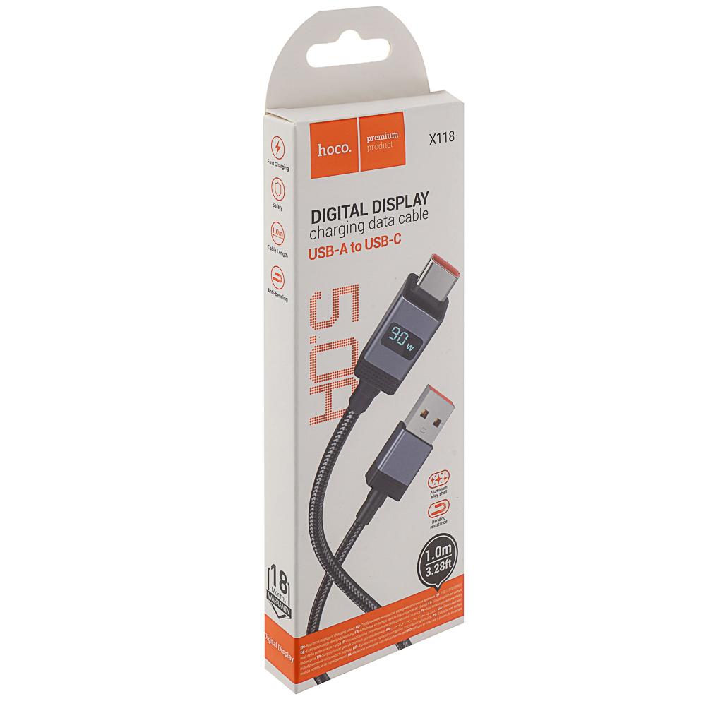 Кабель для зарядки USB(A)-Type C hoco. модель X118 Generous, 1 м, 5А, с дисплеем, черный, арт.№ 931-570