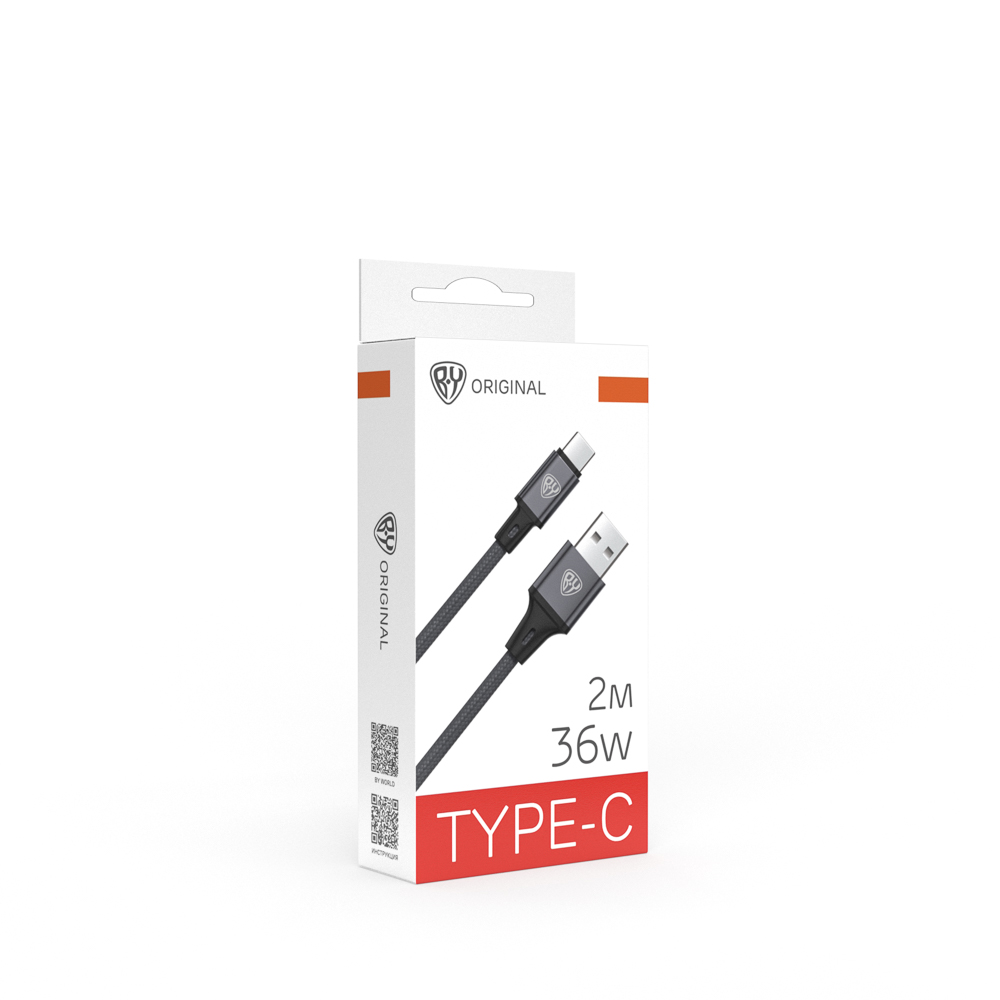 Кабель для зарядки USB(A)-Type C BY Solid, 36Вт, 2 м, 3A, нейлон, мет. кон., графитовый, арт.№ 931-614