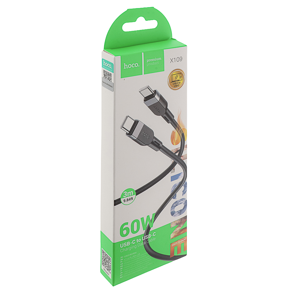 Кабель для зарядки Type C-Type C hoco. модель X109 Energy, 60Вт, 3 м, силикон, черный, арт.№ 931-576