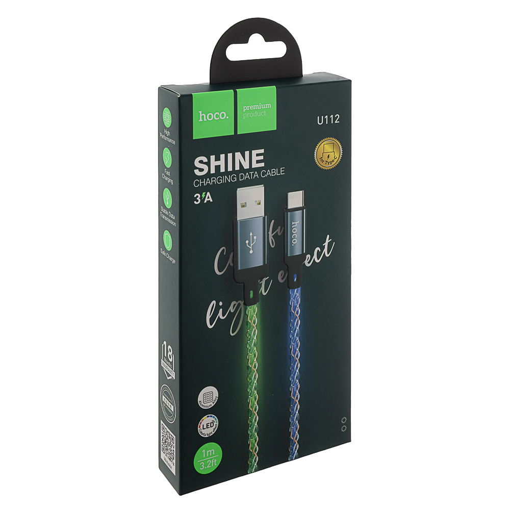 Кабель для зарядки USB(A)-Type C hoco. модель U112 Shine, 1 м, светящийся, серый, арт.№ 931-581