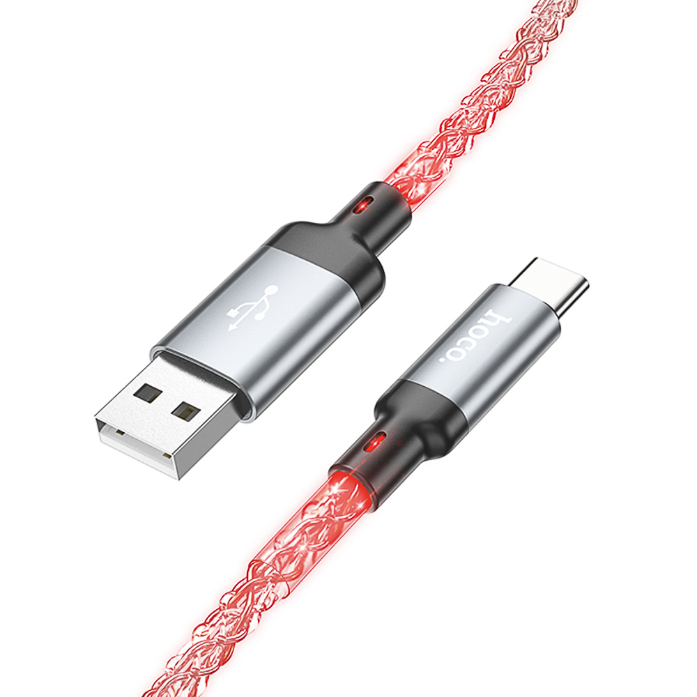 Кабель для зарядки USB(A)-Type C hoco. модель U112 Shine, 1 м, светящийся, серый, арт.№ 931-581