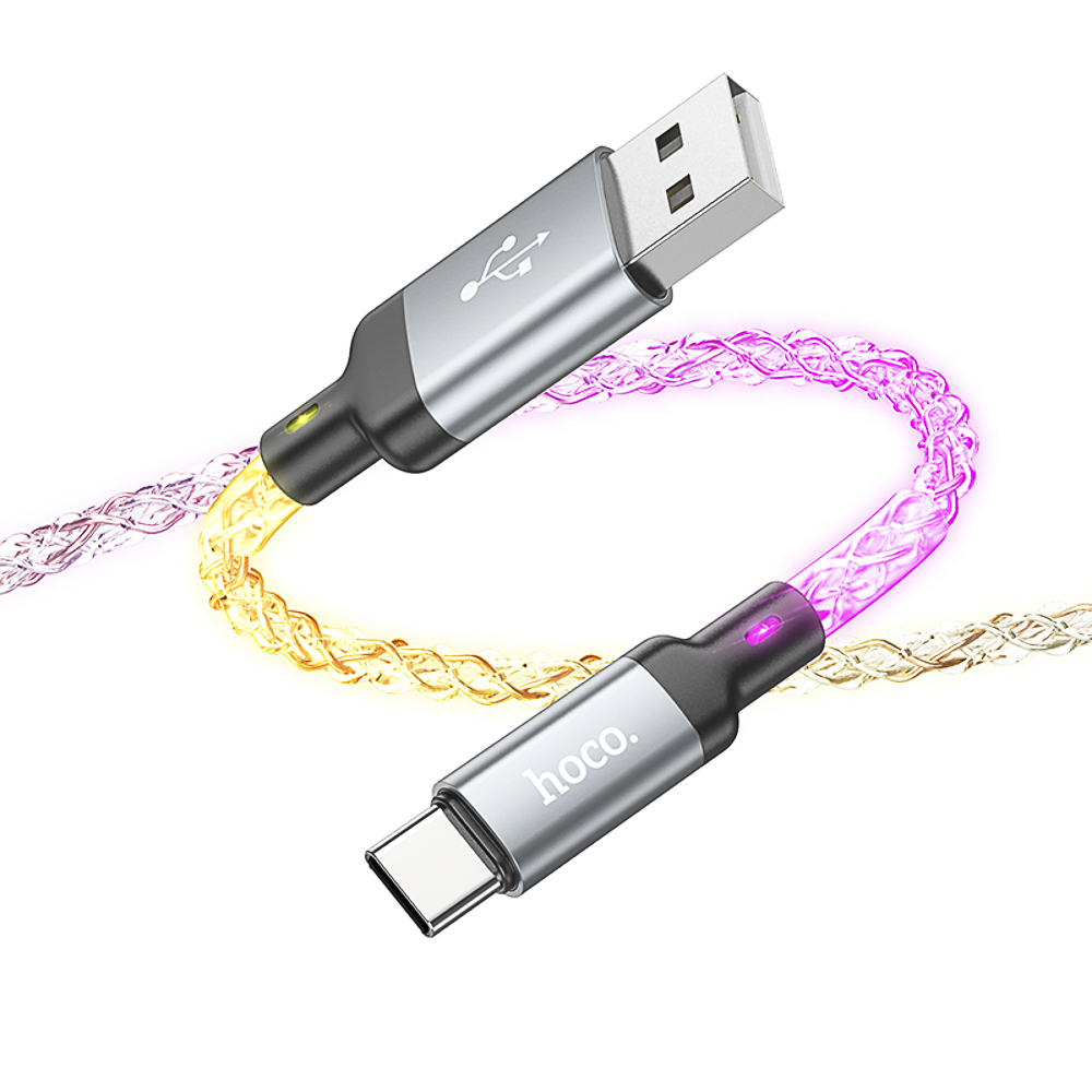 Кабель для зарядки USB(A)-Type C hoco. модель U112 Shine, 1 м, светящийся, серый, арт.№ 931-581