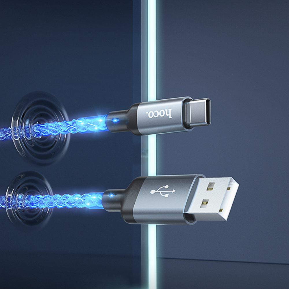 Кабель для зарядки USB(A)-Type C hoco. модель U112 Shine, 1 м, светящийся, серый, арт.№ 931-581