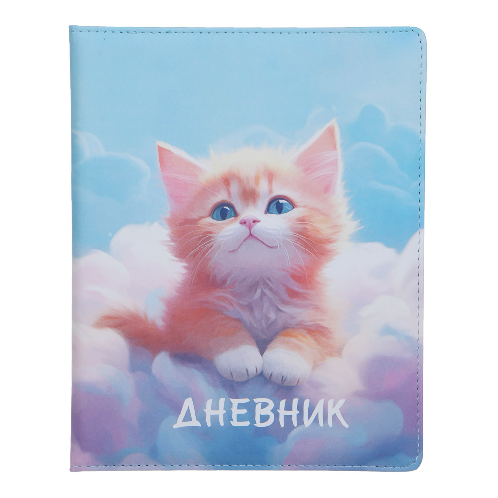 Дневник школьный 48 листов формат А5+ "Котик на облаке", 20,8х16,5 см, твердая обложка искусственная кожа с поролоном, с печатью, закладка, арт.№ 564-068