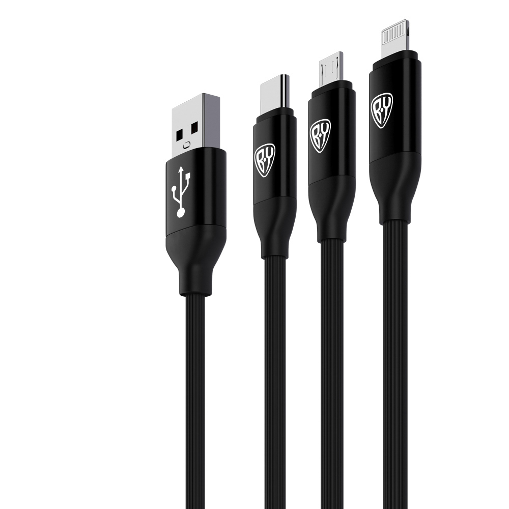 Кабель для зарядки 3в1 iP/microUSB/Type-C BY, 1.5м, 2.4А, прорезиненная оплетка, черный, арт.№ 470-044