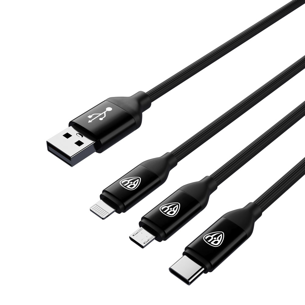 Кабель для зарядки 3в1 iP/microUSB/Type-C BY, 1.5м, 2.4А, прорезиненная оплетка, черный, арт.№ 470-044