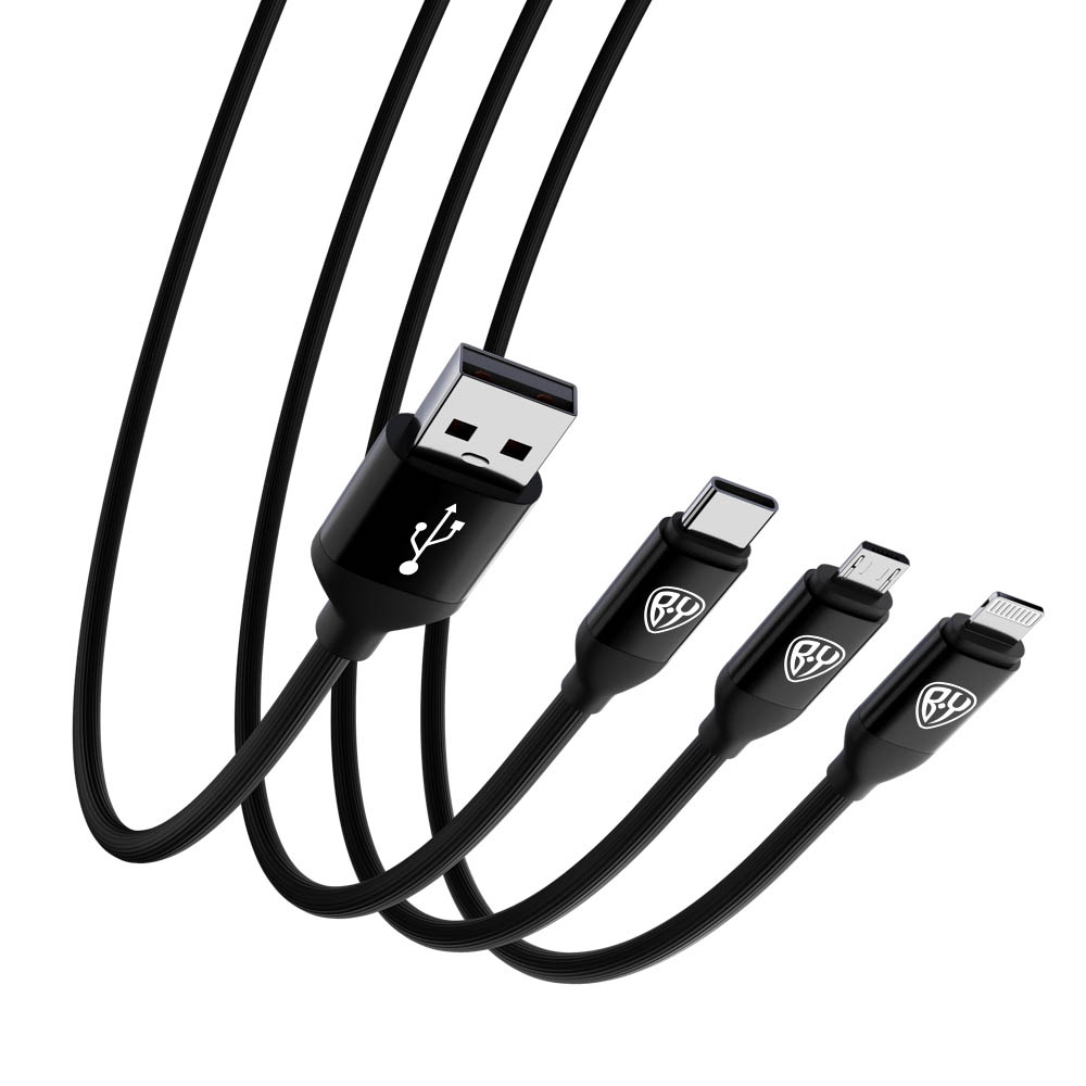 Кабель для зарядки 3в1 iP/microUSB/Type-C BY, 1.5м, 2.4А, прорезиненная оплетка, черный, арт.№ 470-044