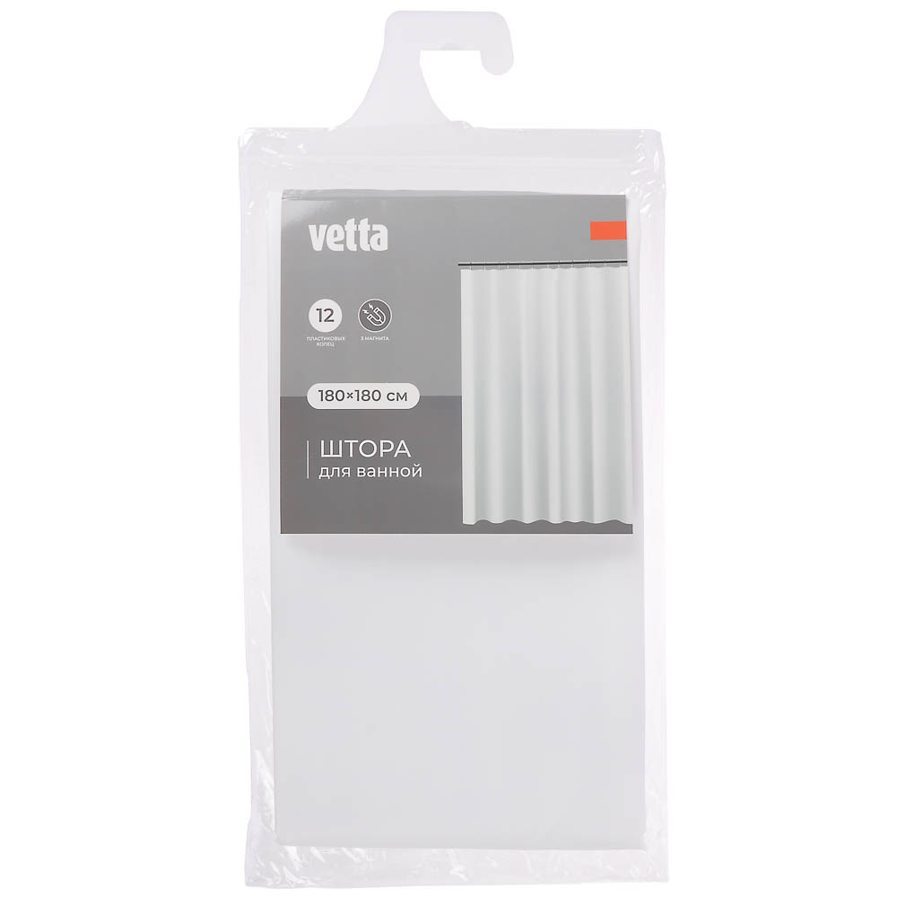VETTA Шторка для ванной, ПЕВА, 60 г/м2, 180x180см, с магнитами, белая, арт.№ 461-591