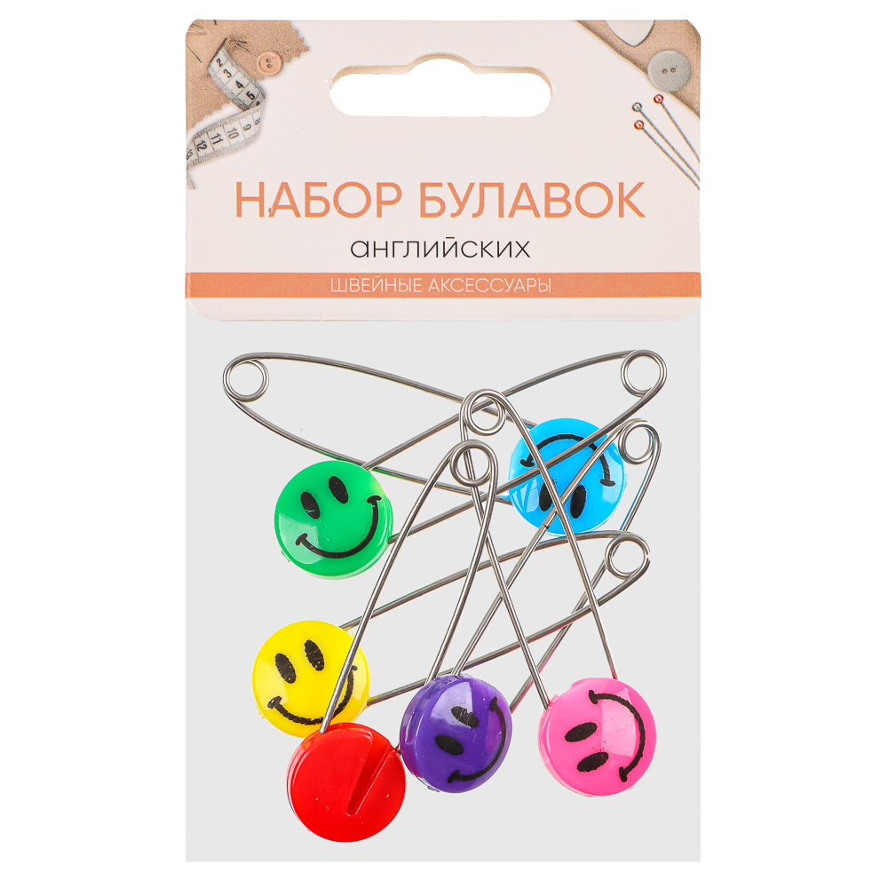 Булавки английские 6шт., 50-60мм, металл, пластик, 3 дизайна, арт.№ 308-273