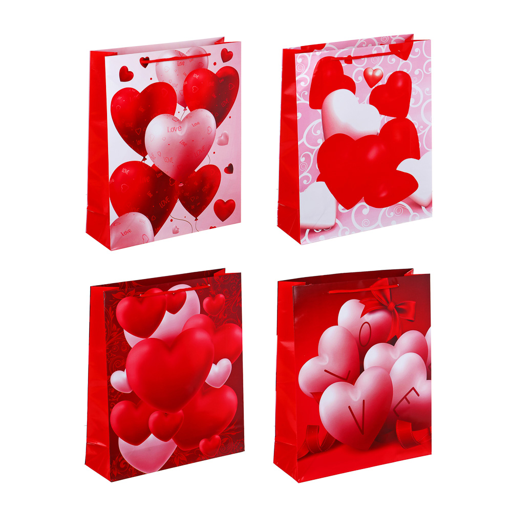 Пакет подарочный бумажный тм LADECOR L 26x32x9 см, 4 дизайна, Сердца, арт.№ 507-156