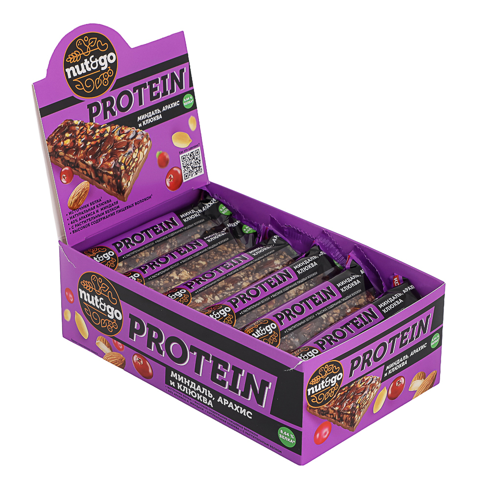 Батончик «Nut&Go» Protein миндаль, арахис, клюква, 36 г, арт.№ 347-584