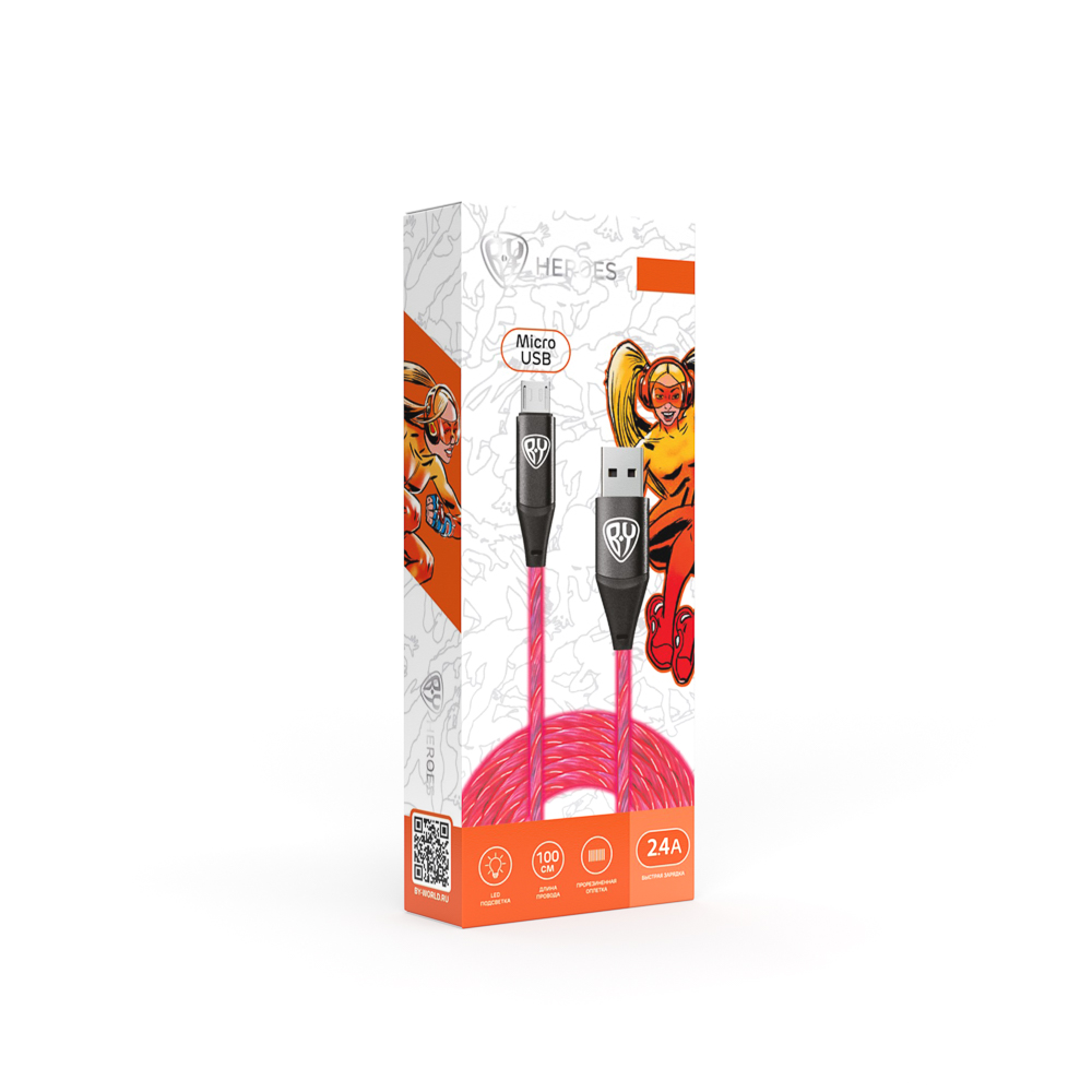 Кабель для зарядки USB(A)-microUSB BY Светящийся, 1м, 2.4А, быстр зар, LED подсветка розовая, Заря, арт.№ 931-208
