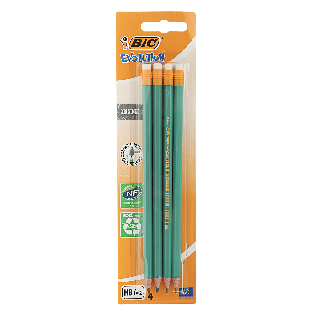 BIC Карандаши чернографитные с ластиком "Эволюшн", 4шт., пластик, зеленый корпус, блистер, 8902753, арт.№ 605-013