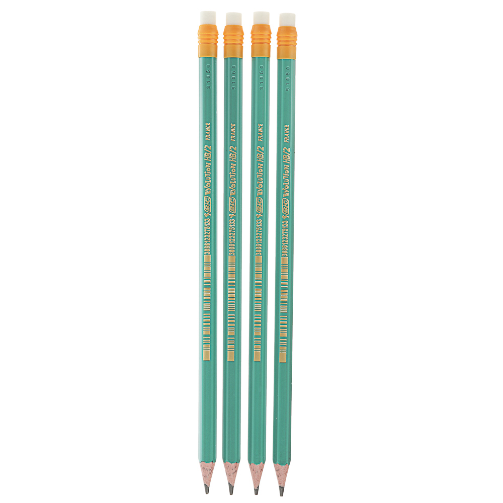 BIC Карандаши чернографитные с ластиком "Эволюшн", 4шт., пластик, зеленый корпус, блистер, 8902753, арт.№ 605-013