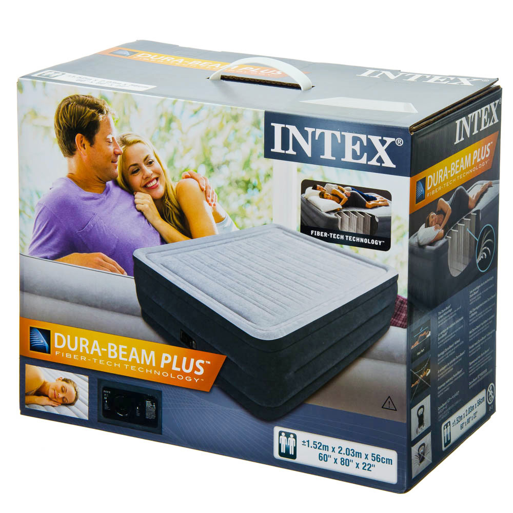 INTEX Кровать надувная флок Квин комфорт, 152х203х56см, встроенный насос 220-240В, 64418NP, арт.№ 108-010