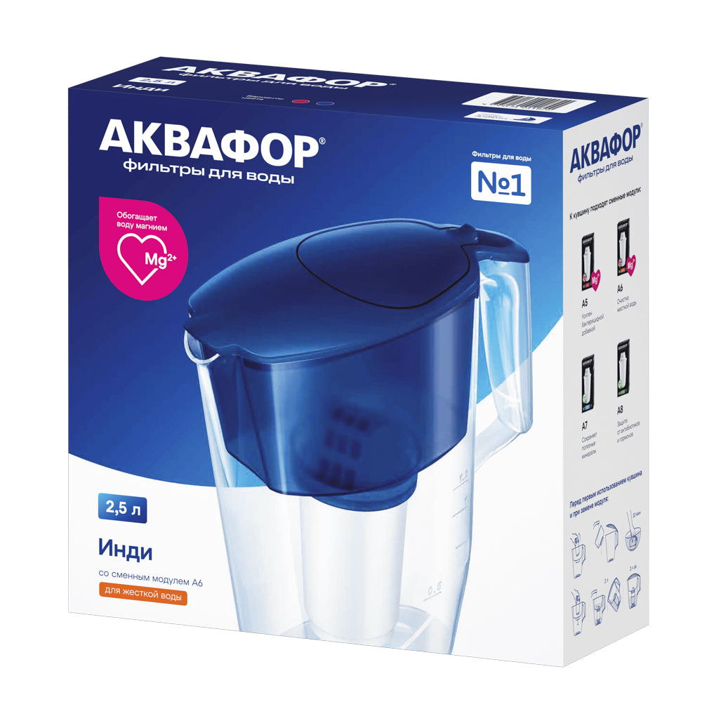 Фильтр-кувшин тм АКВАФОР Инди А6, 2,5 л, пластик, кобальт, арт.№ 413-032