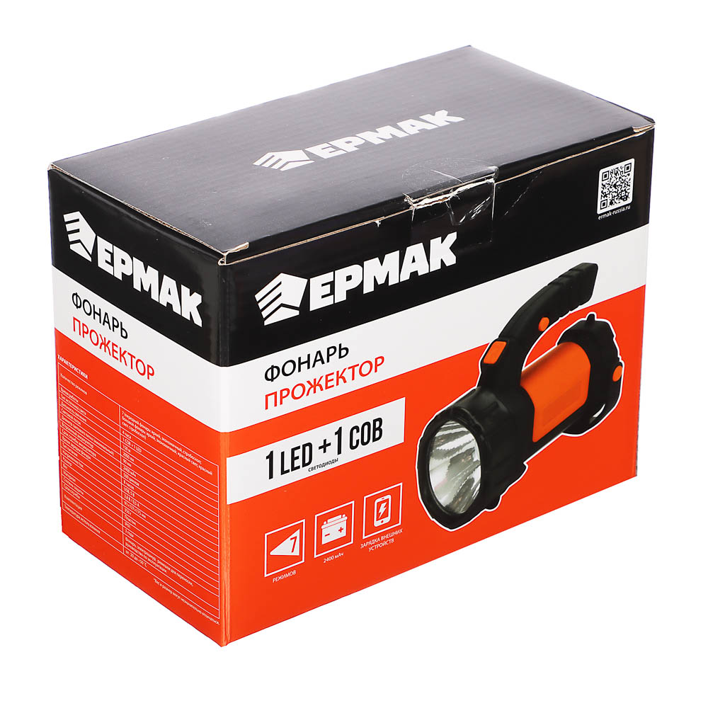 Фонарь прожектор тм ЕРМАК, 1LED+1COB, аккумулятор 2400мАч, USB, 91х137х175 мм, пластик, красный свет, арт.№ 223-005