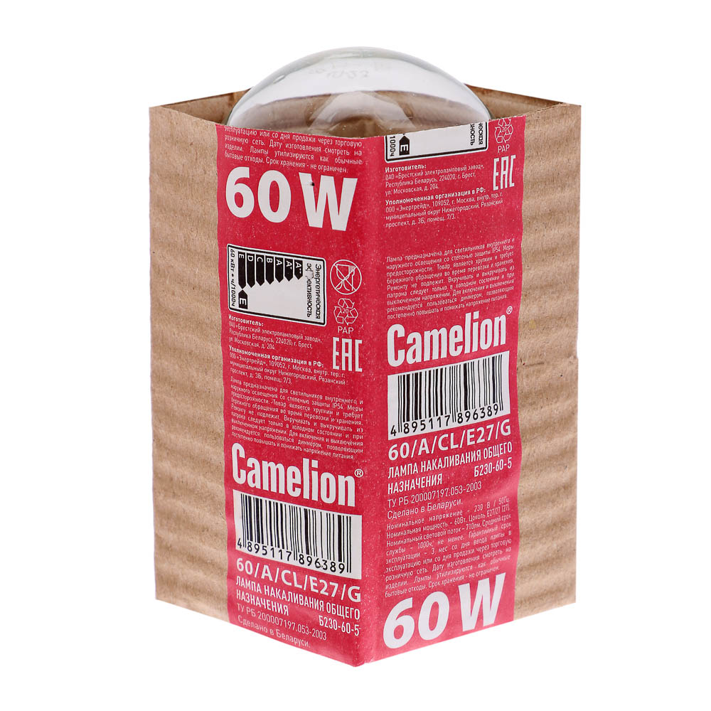 Лампа накаливания с прозрачной колбой Camelion, 60/A/CL/E27/G, ЛОН, ГОФРА, Б230-60-6, арт.№ 913-001