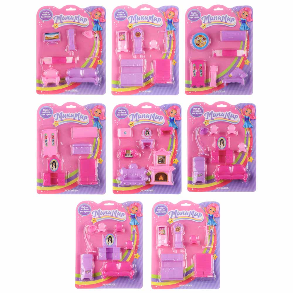ИГРОЛЕНД Набор игровой "Минимир", мебель для куклы, пластик PP, PVC, полиэстер, 21х28х3см, 10 диз, арт.№ 294-152