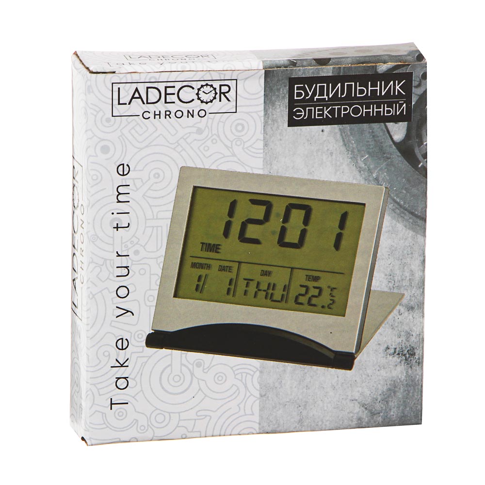 LADECOR CHRONO Будильник электронный + термометр, календарь, пластик, 6,2х7,2см, 1CR2025, арт.№ 529-126