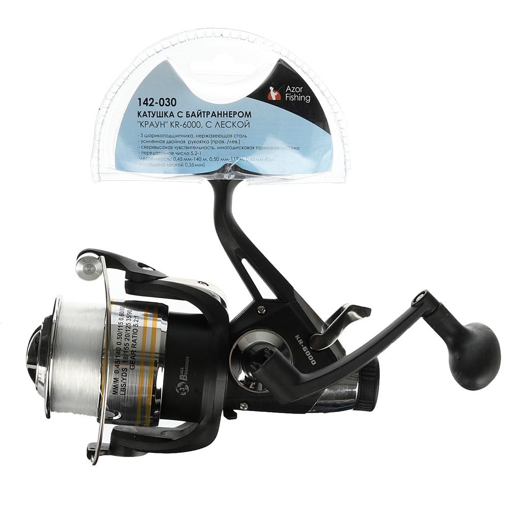 AZOR FISHING Катушка с байтраннером "Краун" KR-60, 3п.п, c леской 0,35мм, арт.№ 142-030