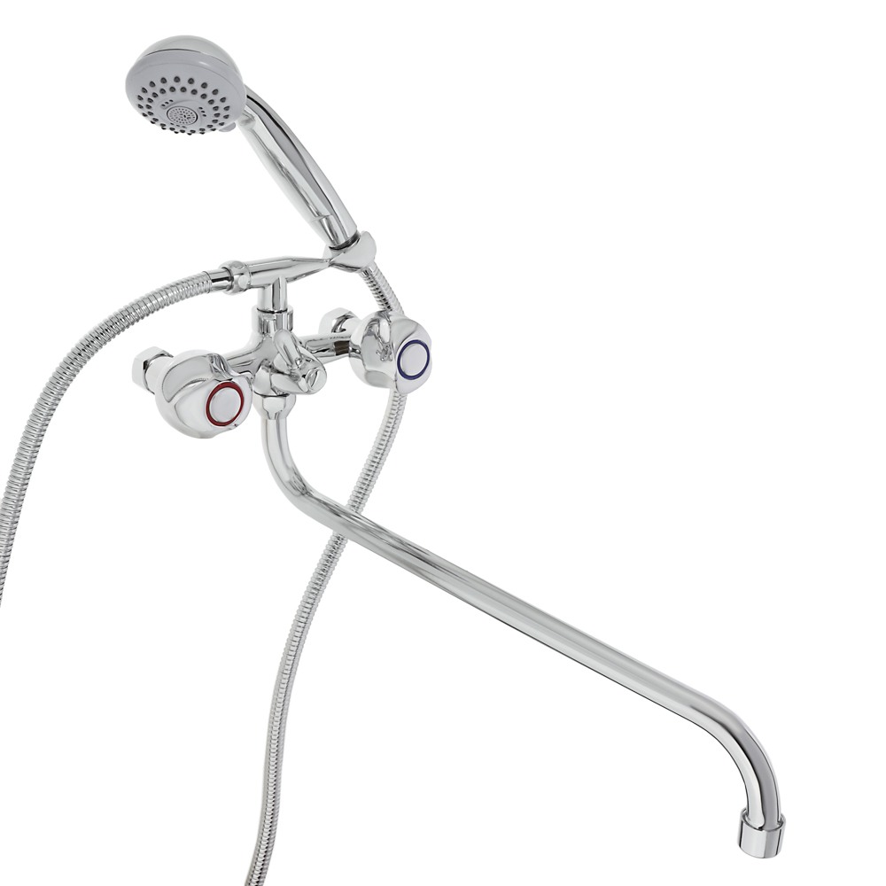 RAIN Смеситель для ванны Кварц, круглый излив 40см, керам. кран-буксы 1/2, душ. набор, латунь, хром, арт.№ 561-262