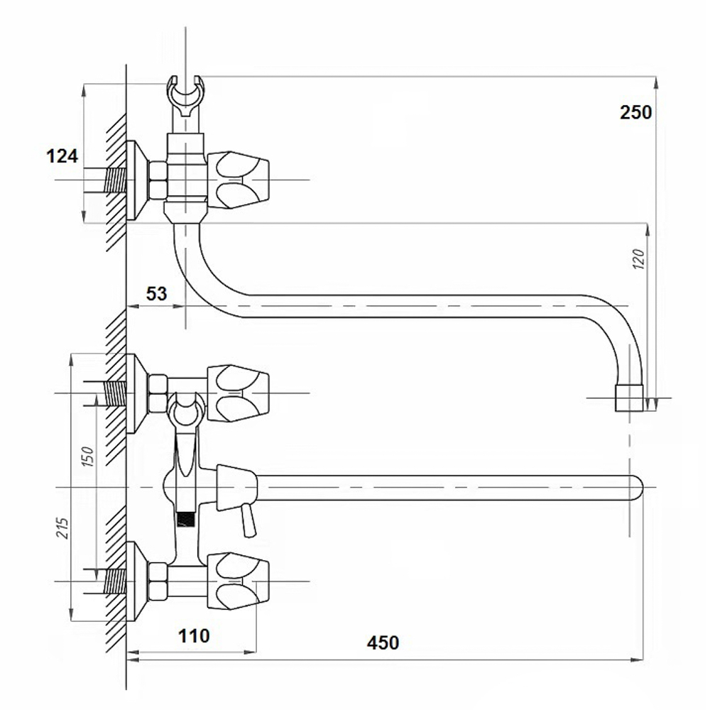 RAIN Смеситель для ванны Кварц, круглый излив 40см, керам. кран-буксы 1/2, душ. набор, латунь, хром, арт.№ 561-262