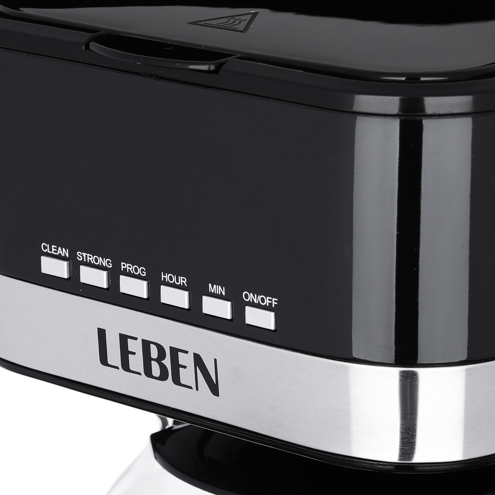 LEBEN Кофеварка капельная с таймером  24 ч., стеклянная колба 1,8 л, корпус пластик, отделка нерж, арт.№ 286-034