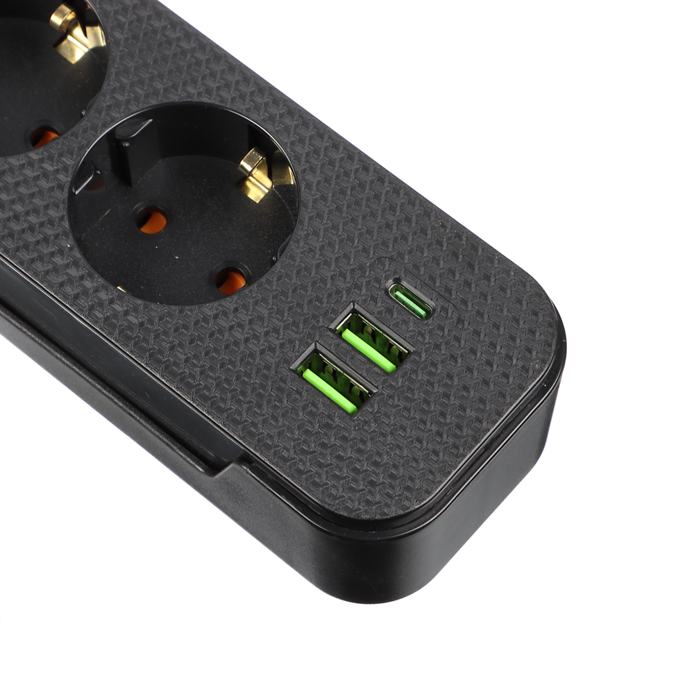 Удлинитель 4 гнезда 3м BY, с зазем. + 2USB+ 1type C с защ., с выкл. черн. карбон сеч провода 1мм, арт.№ 907-273