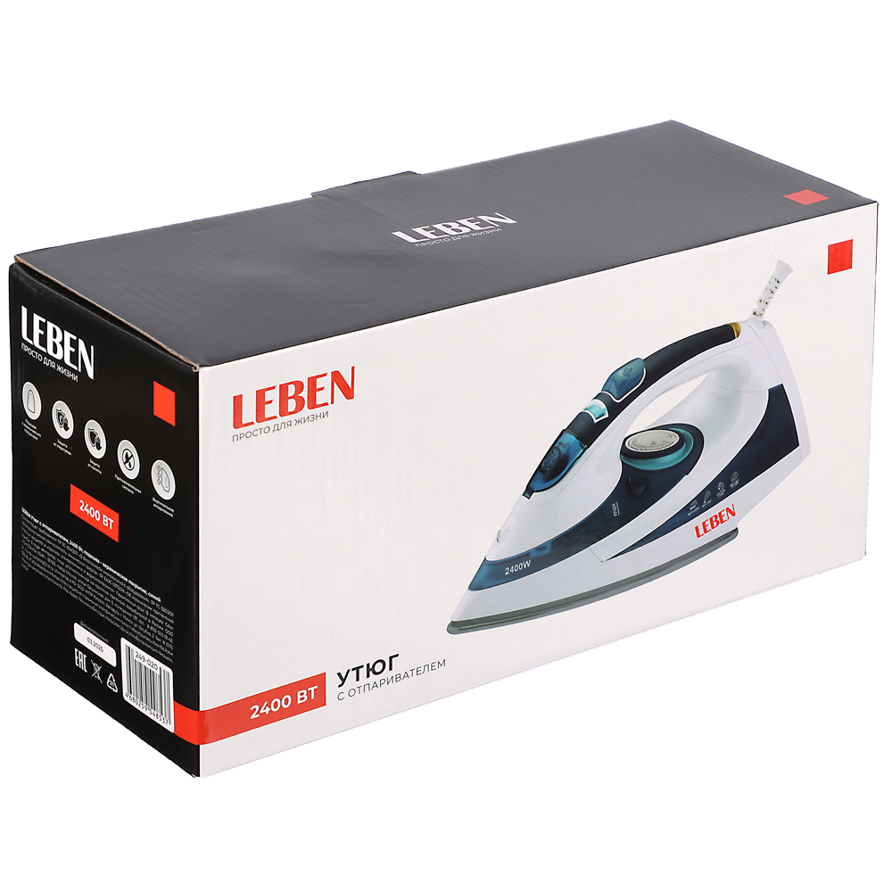 LEBEN Утюг с отпаривателем 2400 Вт, подошва - керамическое покрытие, синий, арт.№ 249-020