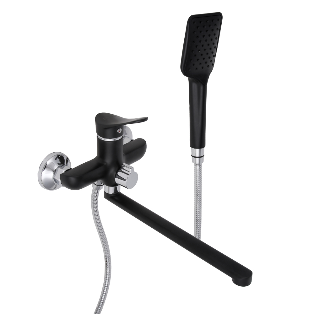 Смеситель для ванны Алмаз, тм RAIN, прямой излив 30см, душ. набор, картридж 35мм, латунь, черн/хром, арт.№ 561-340