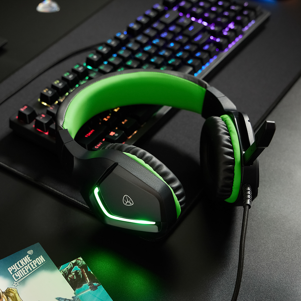 Наушники проводные с микрофоном игровые BY Bascinet USB 3,2 м, зелёная подсветка, арт.№ 410-087