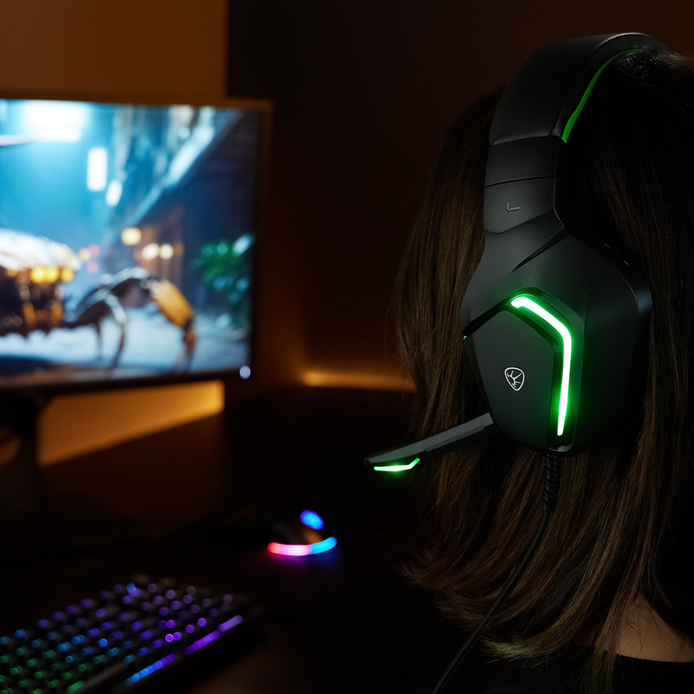 Наушники проводные с микрофоном игровые BY Bascinet USB 3,2 м, зелёная подсветка, арт.№ 410-087