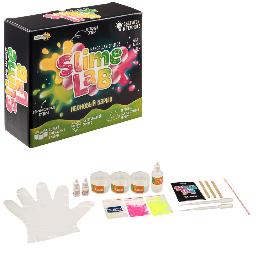 ХОББИХИТ Набор экспериментов серия Юный химик "Slime lab", 21x18,5x8см, 4 дизайна 808, арт.№ 283-166