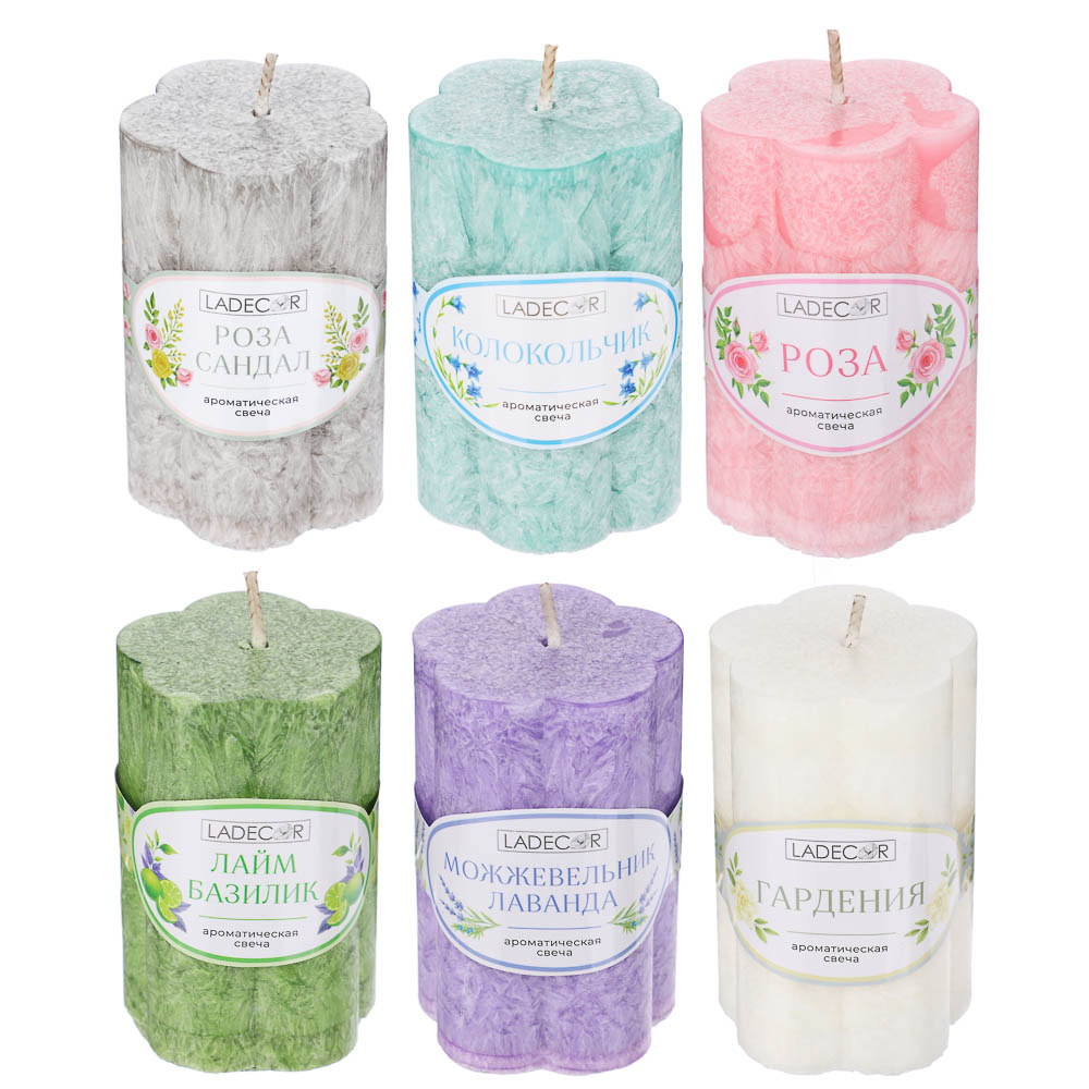 LADECOR Свеча столбик в форме цветка, парафин, 5x7,5 см, 6 цветов, арт.№ 508-833