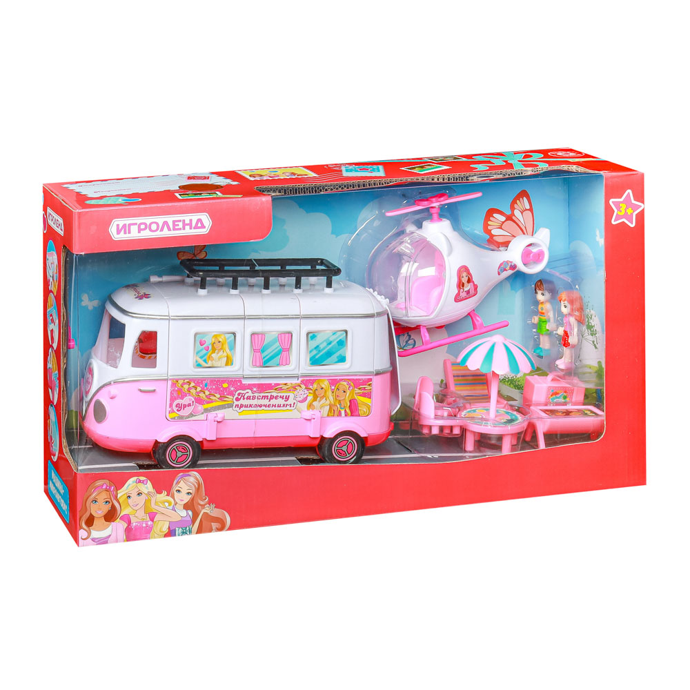 ИГРОЛЕНД Набор игровой "Дом для путешествий", 2 куклы, аксесс., 17пр, пластик, 44х22х23см, 2 дизайна, арт.№ 294-128