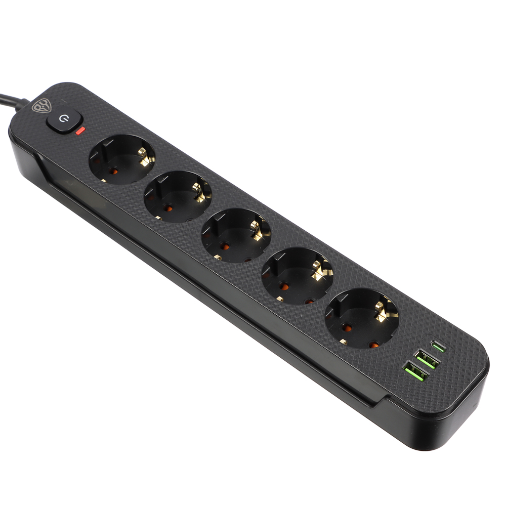 Удлинитель 5 гнезд 3м, BY, с зазем. + 2USB+ 1type C с защитой, с выкл.черн карбон сеч провода 1мм, арт.№ 907-274