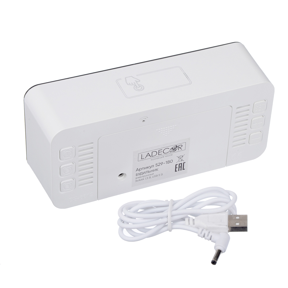 LADECOR Будильник электронный с календарем, термометром, сенсорный, 3хААА, USB, 15,5х7х4,5см, 2 цв., арт.№ 529-180