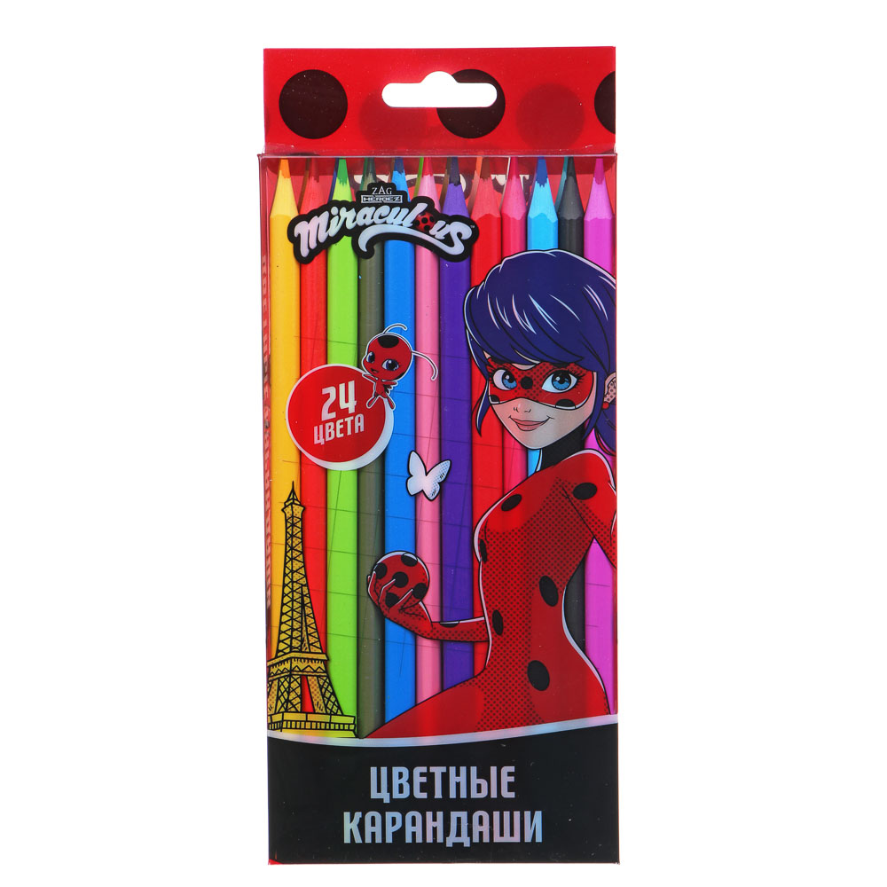 Ледибаг Карандаши 24 цвета, 3х-гранные, прокрас в массе, яркий грифель, пласт.бокс с печатью, "Кор", арт.№ 811-003