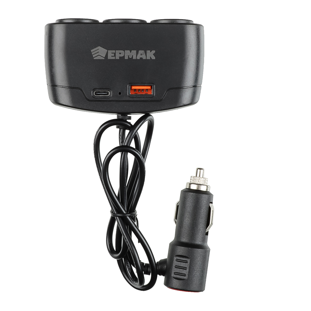ЕРМАК Разветвитель прикуривателя, 3 выхода +1 USB, 60 W, 2.1А,12/24В, пластик, арт.№ 738-019