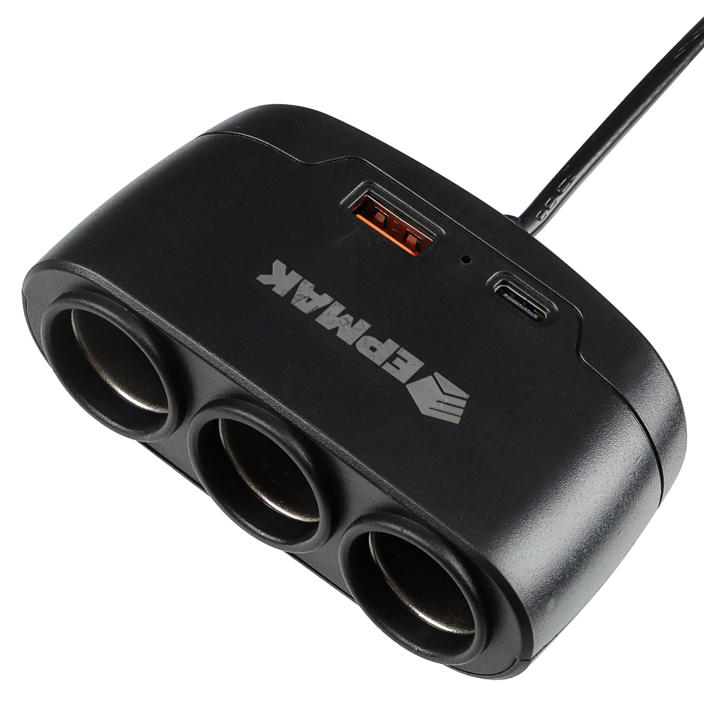 ЕРМАК Разветвитель прикуривателя, 3 выхода +1 USB, 60 W, 2.1А,12/24В, пластик, арт.№ 738-019